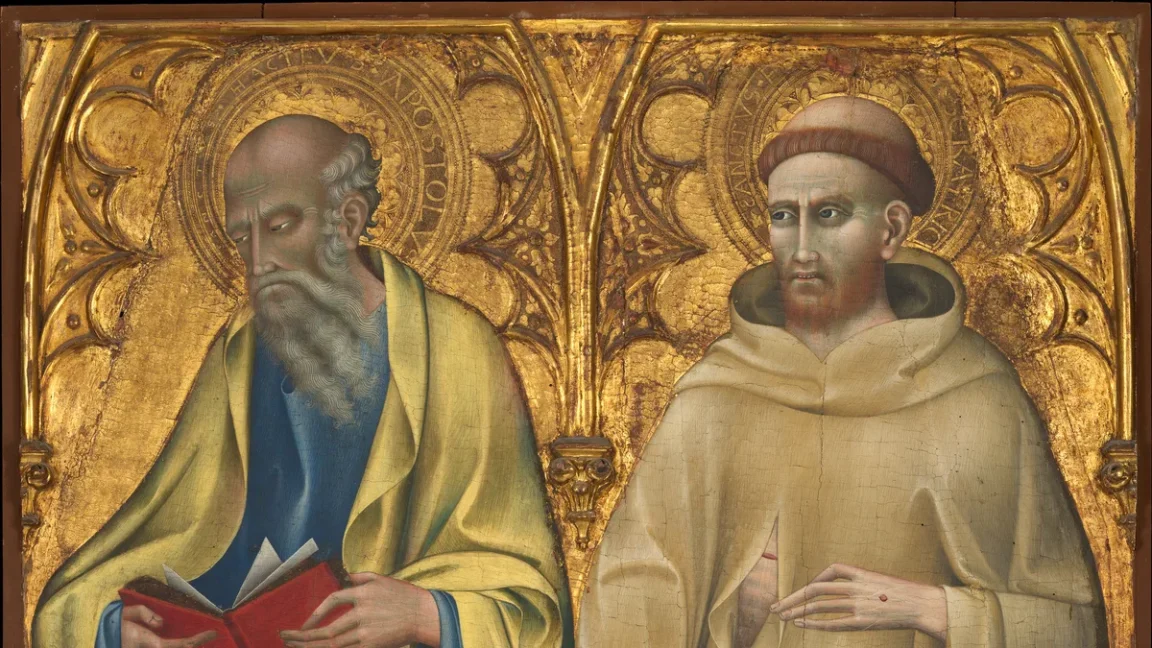 Nossa Senhora na obra Saints Matthew and Francis, por Giovanni di Paolo (Giovanni di Paolo di Grazia)
