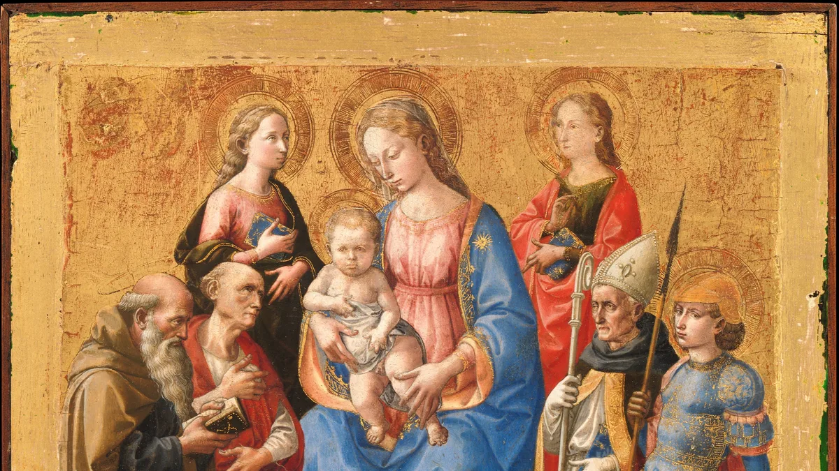 Nossa Senhora na obra Madonna and Child with Six Saints, por Pesellino (Francesco di Stefano)