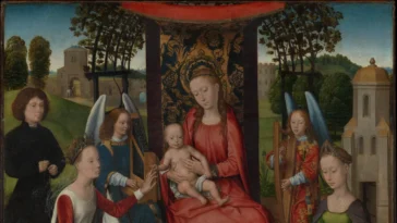 Nossa Senhora na obra Virgin and Child with Saints Catherine of Alexandria and Barbara, por Hans Memling